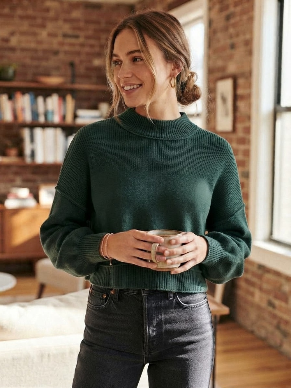 Free People Women's Dark Green Mock Neck Knit Sweater